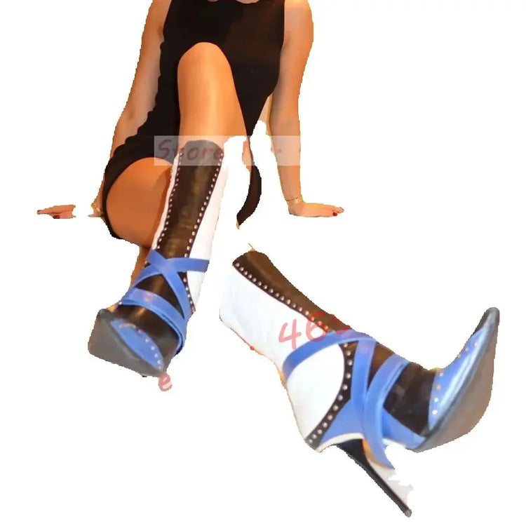 Multicolor Splicing Pointy Toe Stiletto Boots Women Sexy Studded Cross Belt Mid Calf Shoes Big Size High Heels Ladies Boots