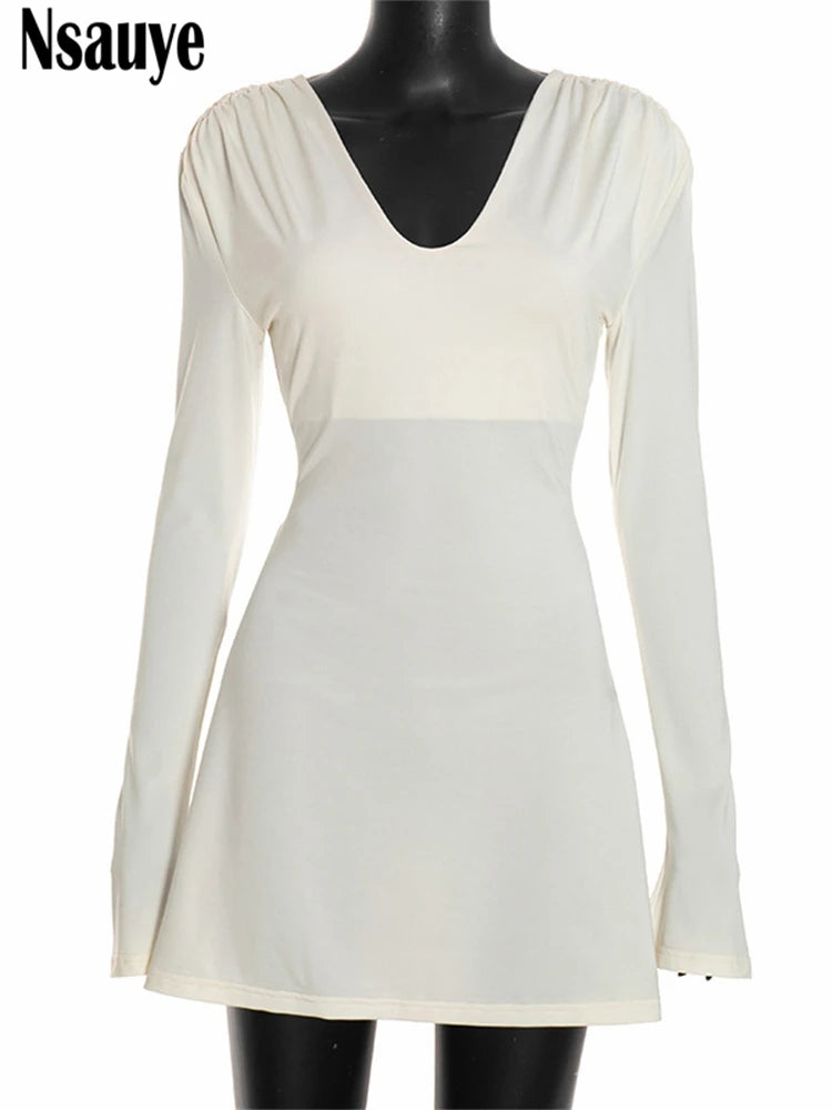 Nsauye Women's Casual Long Sleeve V Neck Slim Dress Women Clothing Elegant Shoulder Pads Short Dresses Vestidos