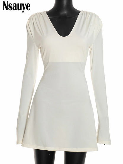 Nsauye Women's Casual Long Sleeve V Neck Slim Dress Women Clothing Elegant Shoulder Pads Short Dresses Vestidos