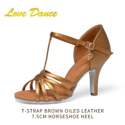 UK Latin Dance Women's Medium-Heel Latin Shoes Brown Oiled Leather Soft Indoor Sole for Competition Daily Practice