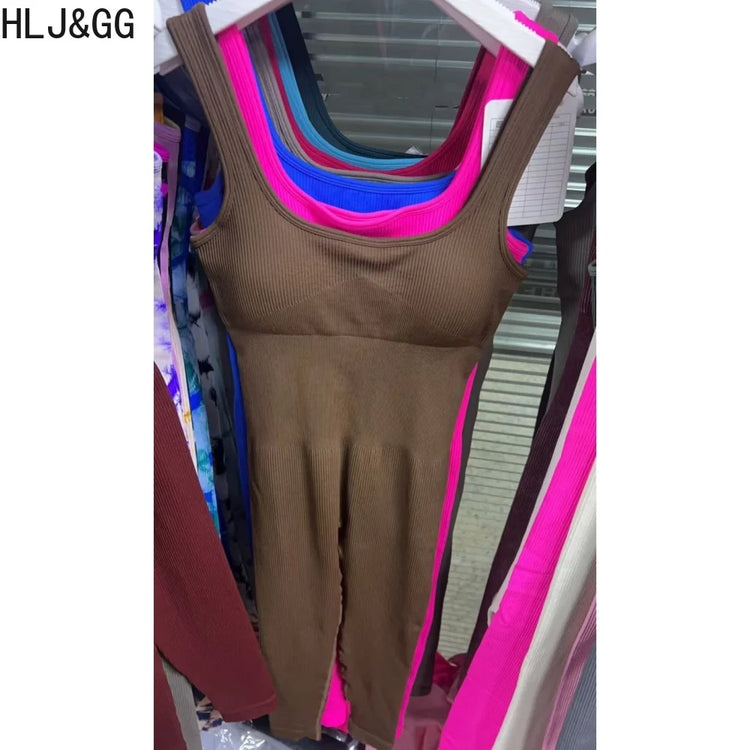 HLJ&GG High Stretchy Ribber Bodycon One Piece Jumpsuits Women Sleeveless Slim Playsuits Casual Quality Sporty Leggings Overalls