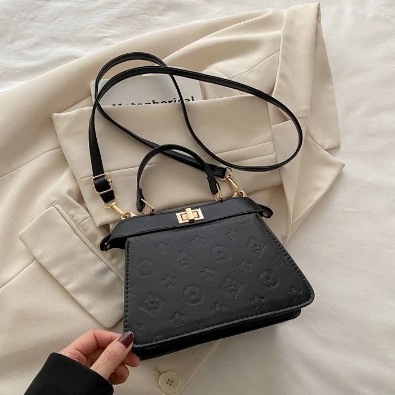 Fashion Embossed Top Handle Bags for Women,Metal Turn Lock Handbag, Adjustable Crossbody Strap,versatile Purse for Daily Outings
