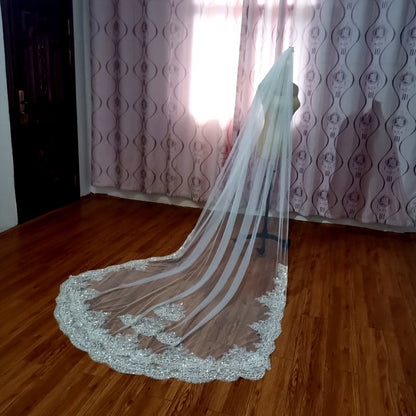 Customized Bridal Sparkling Pearl embroidery Luxury Veil Cathedral with Comb Headcloth Wedding Headwear Accessories