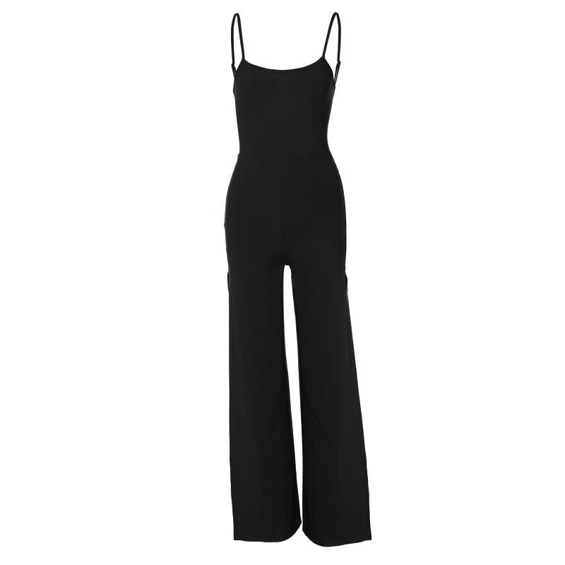 Summer New Fashion Y2K Solid Color Slit Long Pants Backless Strap Gothic Dark Style Women's Jumpsuit
