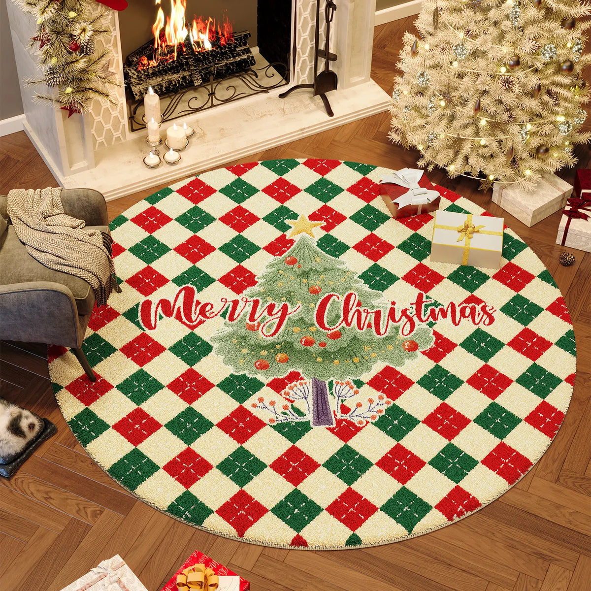 Christmas Round Faux Cashmere Area Rug Non Slip Soft Bedroom Bedside Carpet Xmas Holiday Home Decor Floor Mat for Living Room