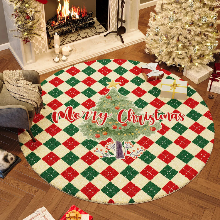 Christmas Round Faux Cashmere Area Rug Non Slip Soft Bedroom Bedside Carpet Xmas Holiday Home Decor Floor Mat for Living Room