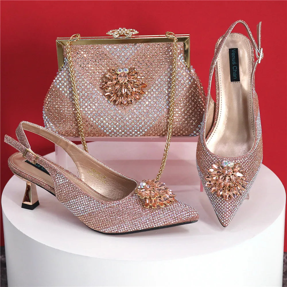 Newest Arrivals Special Design Silver Color African Women Shoes and Bag Set Pointed Toe Pumps for Wedding Party