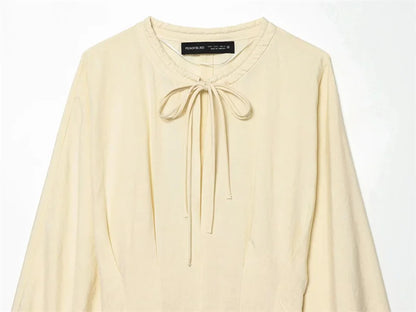 Women's Dress 2026 Summer New Beige Long-Sleeve Loose Tie-Decorated Long Dress Elegant and Graceful Beach Vacation