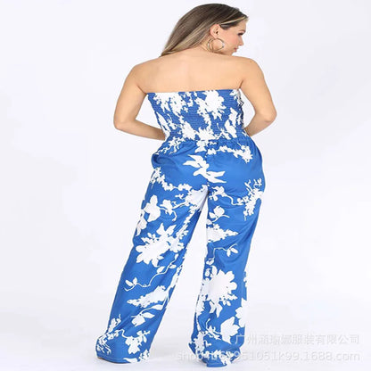 Women's Sexy Strapless One Piece Printed Pants Summer Fashion Lace Up High Waisted Slim Sleeveless Female Beach Holiday Jumpsuit