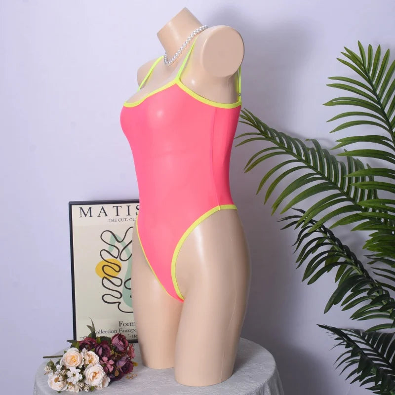Sexy Lingerie for Woman Neon Pink Sheer Mesh Bodysuit Slimming Body Spaghetti Strap One Piece Lingerie Teddy Sleeveless Jumpsuit