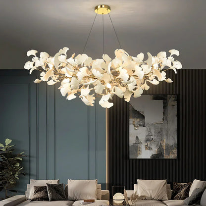 Modern Ceramics White Long Ginkgo Leaf LED Pendant Light Decoration Villa Living Room Ceiling Chandelier Indoor Hanging Lights
