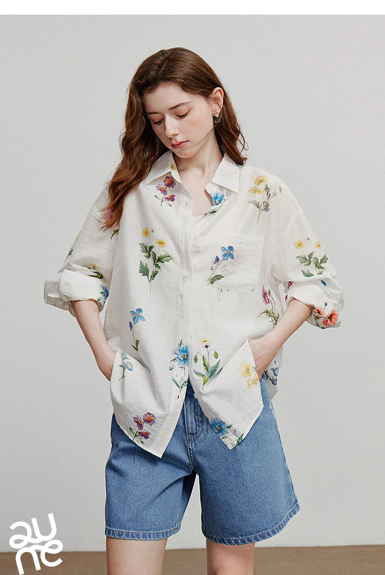 TOYOUTH Women Shirts 2026 Summer New Linen Lyocell Print Fresh Mid Length Floral Blouse Tops