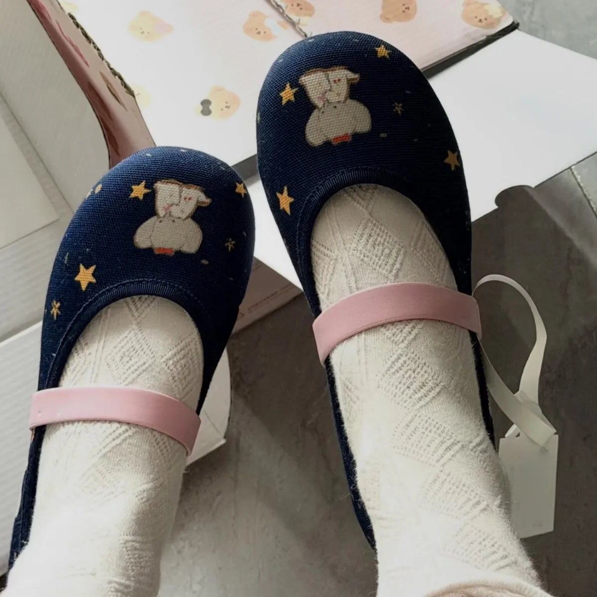 Denim Elephant Print Mary Jane Shoes For Women, Round Toe, Flat Ballet Shoes With a Shallow Neckline