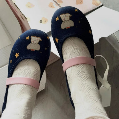 Denim Elephant Print Mary Jane Shoes For Women, Round Toe, Flat Ballet Shoes With a Shallow Neckline