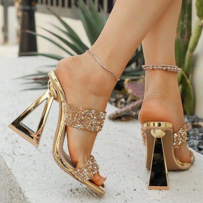 Luxury Women's Shoes Summer Rhinestone Sequins High Heels Wearing One Shoes for Women Elegant Women Sandals Sandalias De Mujer