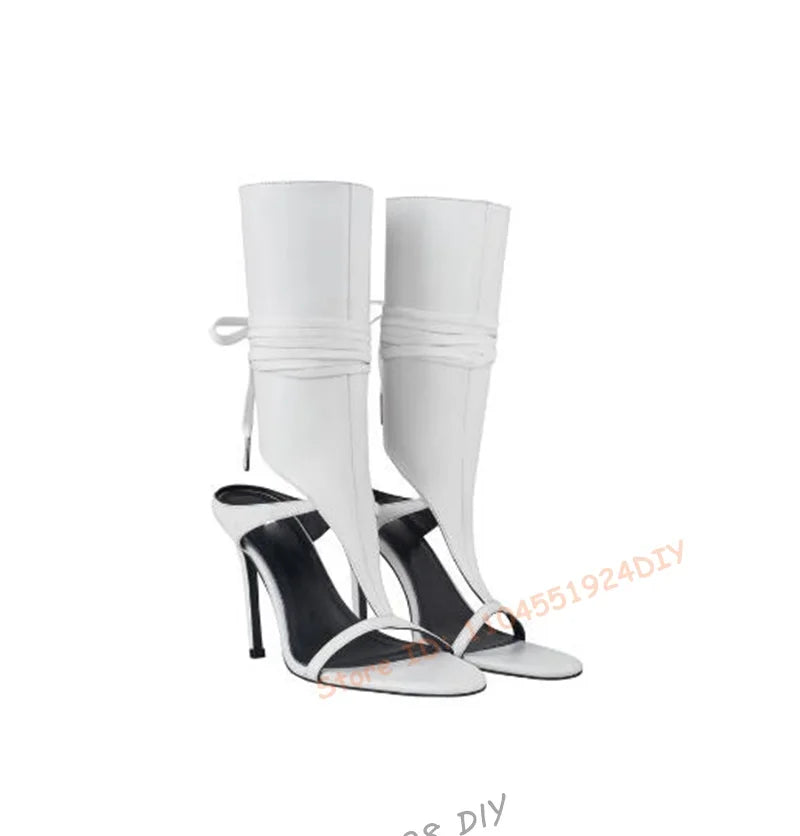 Lace-Up Round Toe White Thin Heels Fashion Concise Sexy Elegant Summer Party Dress Women Shoes Ankle High Women Lace Up Booties