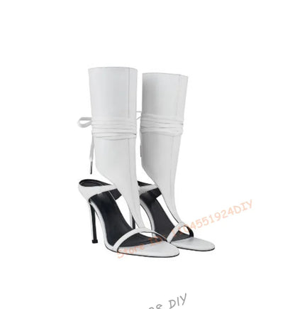 Lace-Up Round Toe White Thin Heels Fashion Concise Sexy Elegant Summer Party Dress Women Shoes Ankle High Women Lace Up Booties