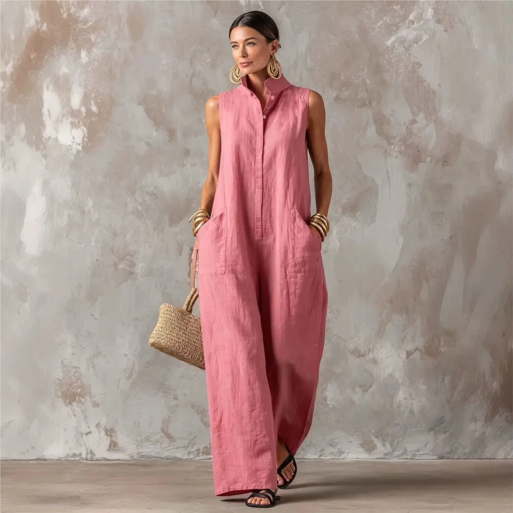 Elegant Women's Sleeveless Linen Blend Jumpsuit Button Down Collared Romper Casual Loose Summer Beach Vacation Boho Jumpsuits