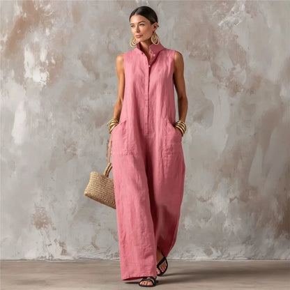 Elegant Women's Sleeveless Linen Blend Jumpsuit Button Down Collared Romper Casual Loose Summer Beach Vacation Boho Jumpsuits
