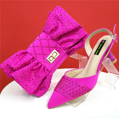 Nigerian Women Heel Party Ladies Italian Design Shoes And Bags Set Decorated with Rhinestone Handbag Wedding Party