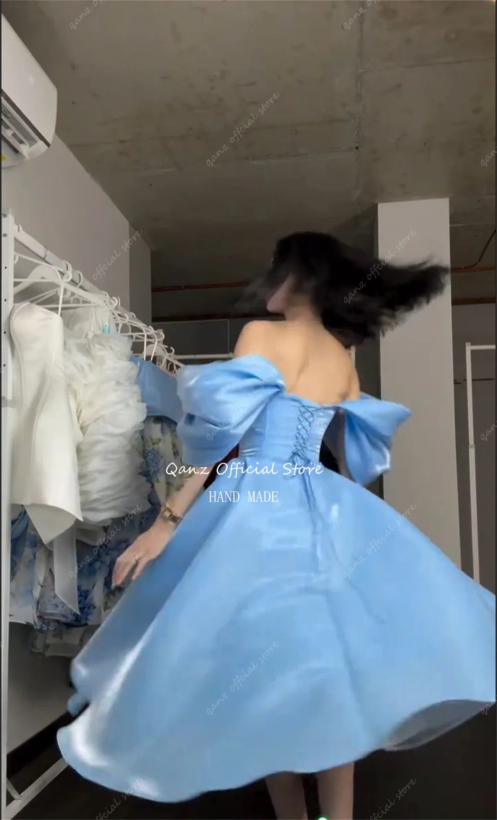 Qanz Elegant Sky Blue Prom Dress Off The Shoulder Backless Women's Wedding Party Attire A Line Vestidos De Fiesta Customized