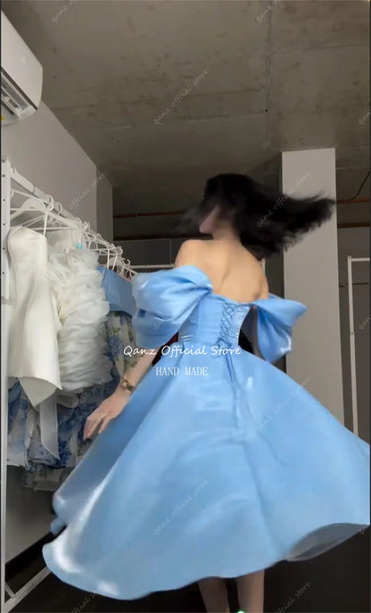 Qanz Elegant Sky Blue Prom Dress Off The Shoulder Backless Women's Wedding Party Attire A Line Vestidos De Fiesta Customized