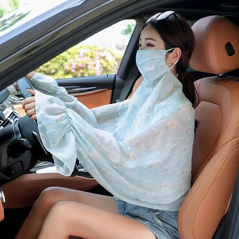 Cycling Sun Protection Shawl Driving Ice Silk Neck Face Cover Scarf Cooling Outdoor Cover Up Breathable Long Flared Sleeve Cape