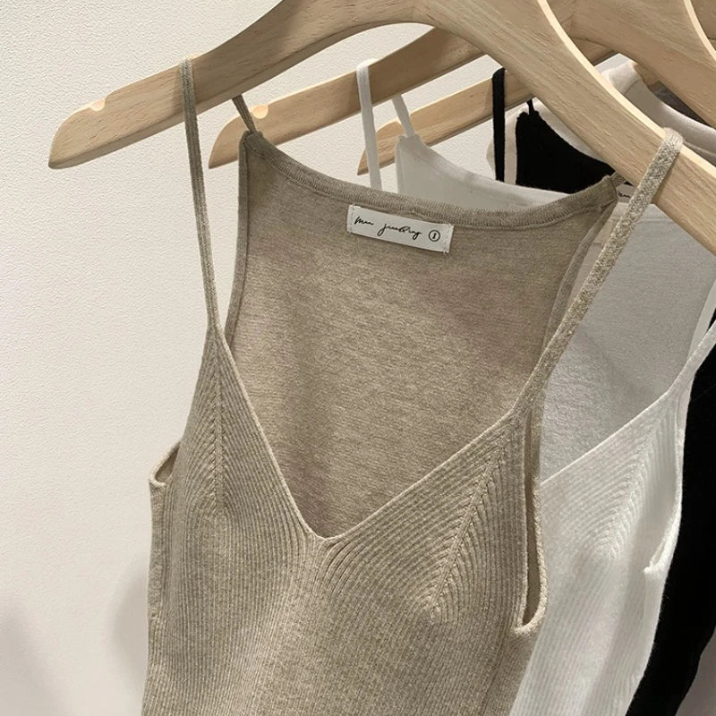 2026 Women Summer Style Sleeveless Vest Solid Color Slim Fit V Neck Knitted Top Fashionable Versatile Base Layer Knit Tank Tops