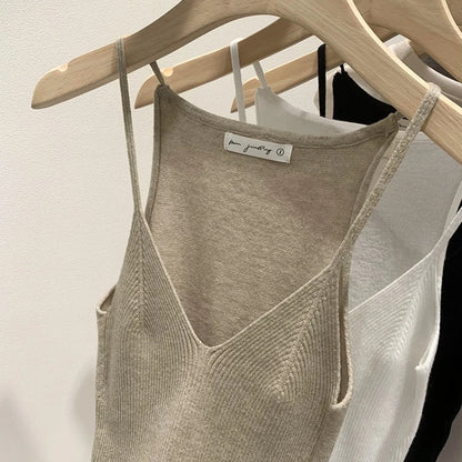 2026 Women Summer Style Sleeveless Vest Solid Color Slim Fit V Neck Knitted Top Fashionable Versatile Base Layer Knit Tank Tops
