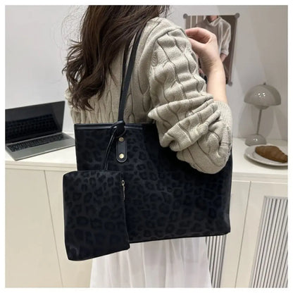 Vintage Leopard Print Women Tote Bag PU Leather Large Capacity Underarm Bag with Mini Bag Briefcase Bags