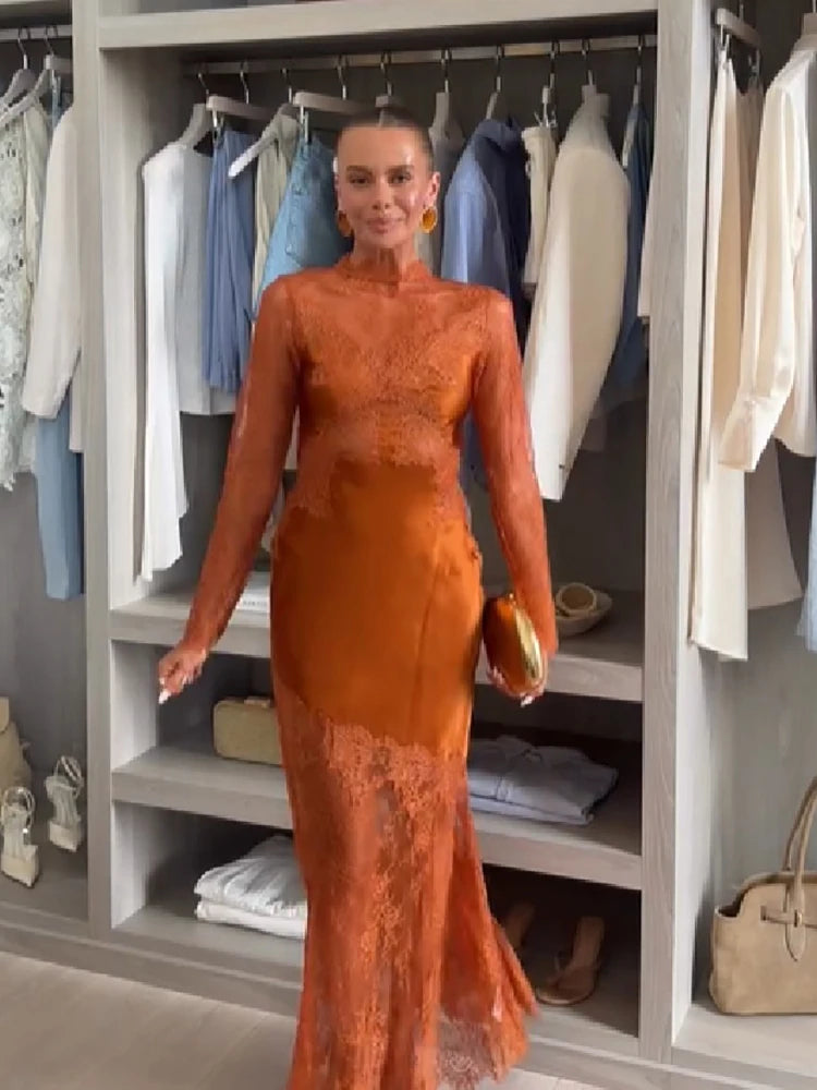 Women Slim Fit Lace Satin Mermaid Gown High Neck Long Sleeve Cutout Back Maxi Dress Female Formal Wedding Guest Party Dresses
