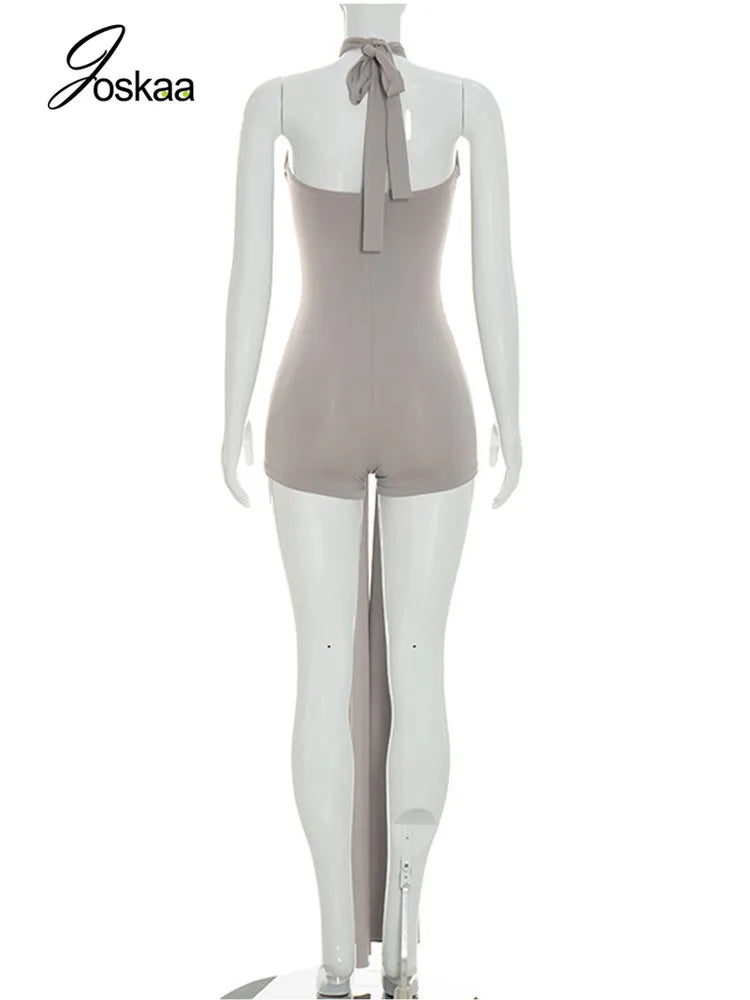 Joskaa Sexy Backless Bandage Playsuits Women Summer Trend Halter  Sleeveless Ribbons Skinny Rompers Holiday Elegant Outwear