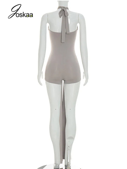 Joskaa Sexy Backless Bandage Playsuits Women Summer Trend Halter  Sleeveless Ribbons Skinny Rompers Holiday Elegant Outwear