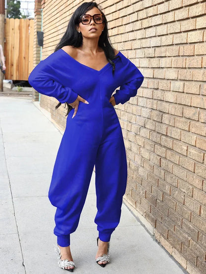 Doyerl Autumn Winter Solid Jumpsuits for Woman Long Sleeve Romper Sexy Off the Shoulder V-neck One Pieces Overalls Combinaison