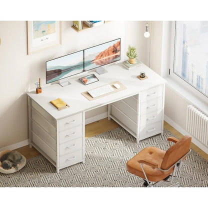 48 Inch White Computer Desk with 8 Fabric Drawers, Modern Office Desk for Home Office Study Gaming