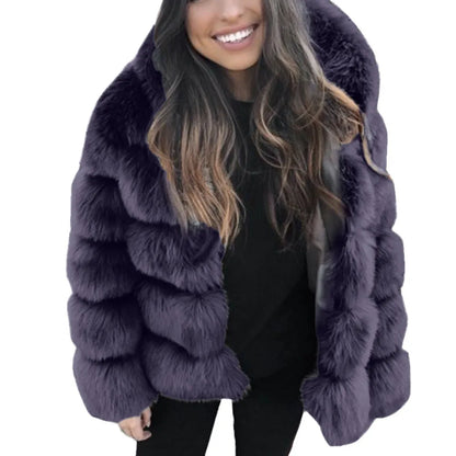 Fashion Winter Women Imitation Fox Fur Jacket Hooded Loose Long Sleeves Female Eco Fur Coat Patchwork Plush Thick Lady Fur Coat