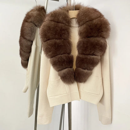 OFTBUY Loose Fit Warm Winter Fashion Lady Outerwear Sweater Female 2025 New Women's Knit Cardigan with Large Real Fox Fur Collar