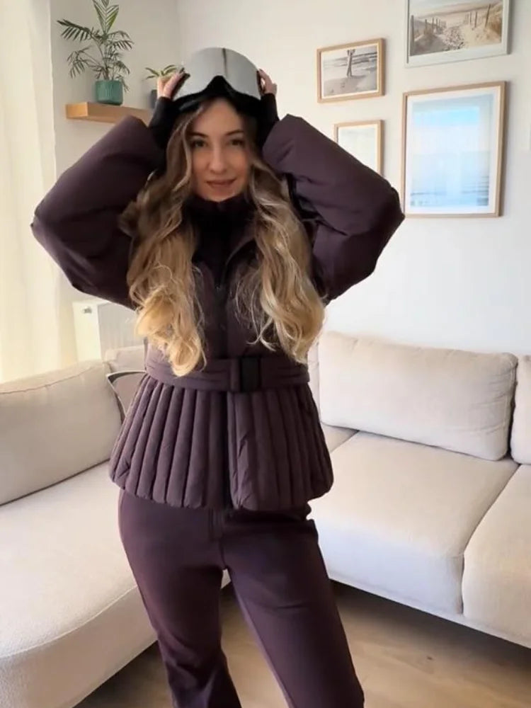 Women's Chic White Hooded Ski Jumpsuit with Waist Belt Warm Snowproof One-Piece Snow Wear Winter Sports Fashion Lady Snowsuit