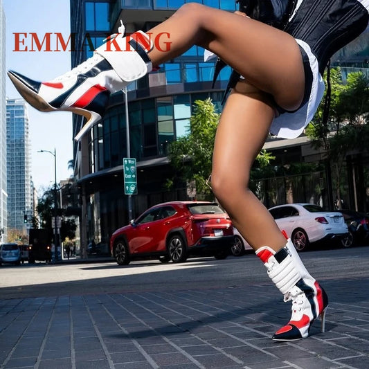 Multicolor Stiletto Heel Sneaker Boots Pointed Toe Colorblocked Booties for Women'S Custom Made Lace Up Boots Large Size Shoes