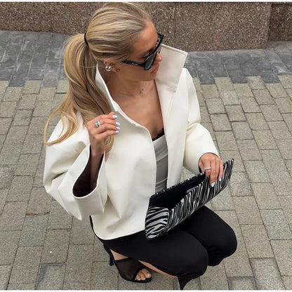 Women Cropped PU Leather Jacket Stand Collar Wide Flare Sleeve Asymmetrical Wrap Open Front Coat 2026 Autumn Chic Loose Jackets