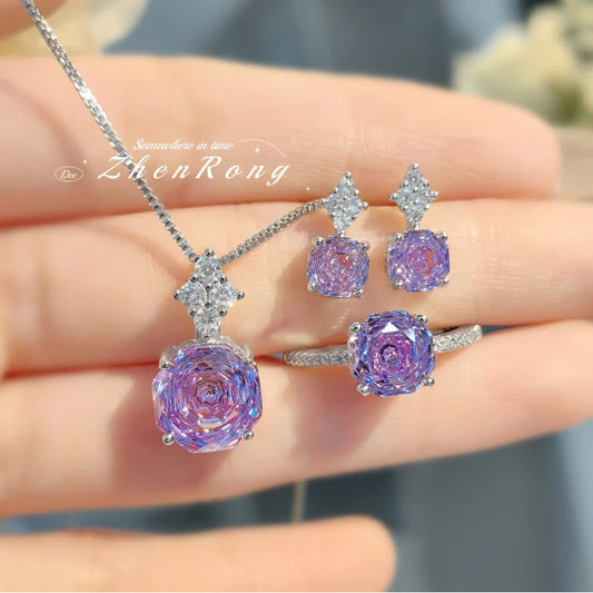 Foyejev Luxury Round Rose-cut Purple-Iron Oxide Zircon Pendant Necklace Earrings Ring Engagement Jewelry Set (Women's Style)