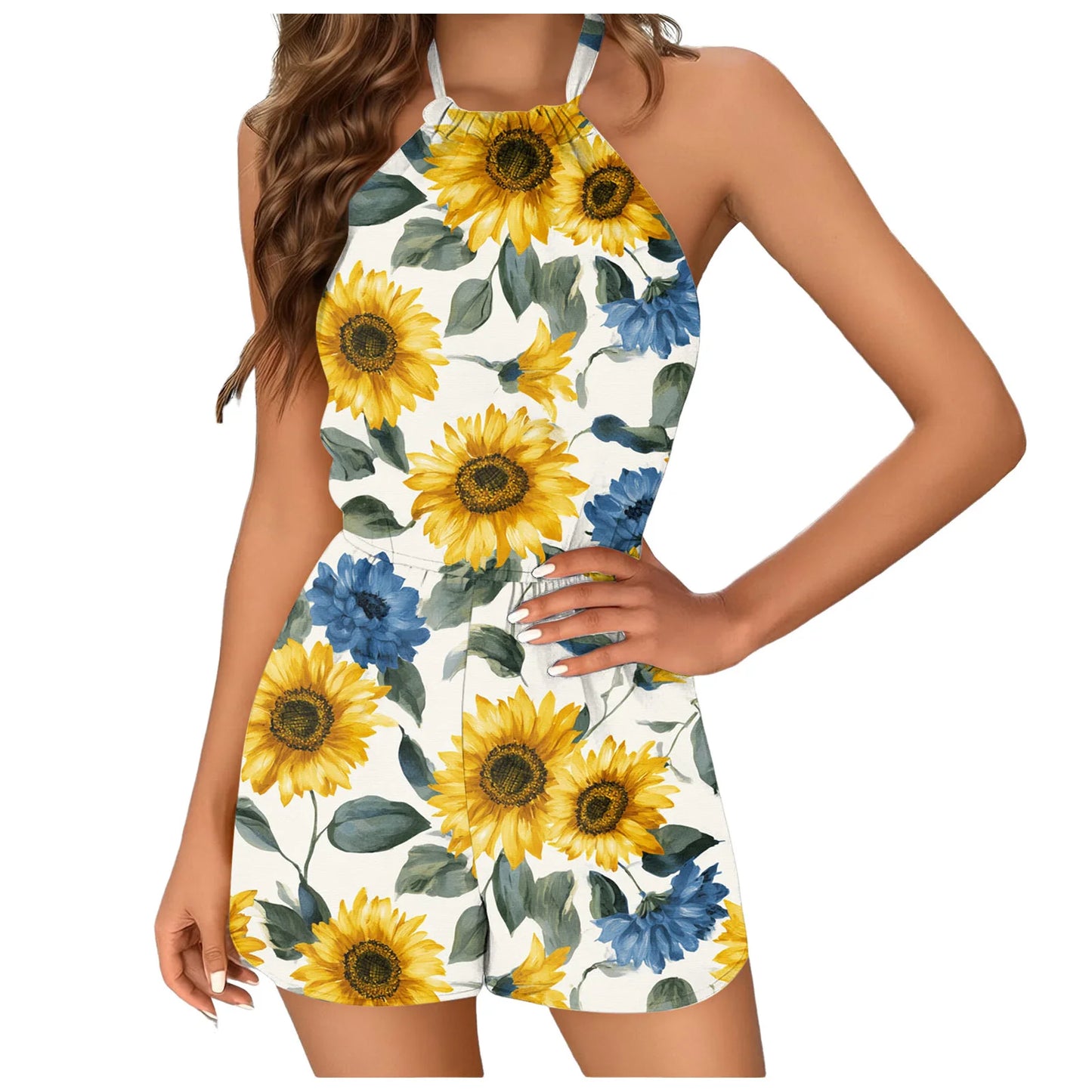 Women's Romper Boho Floral Print Halter Tie Straps Backless Overalls Shorts S-5XL Summer Casual Vacation Beach Jumpsuits