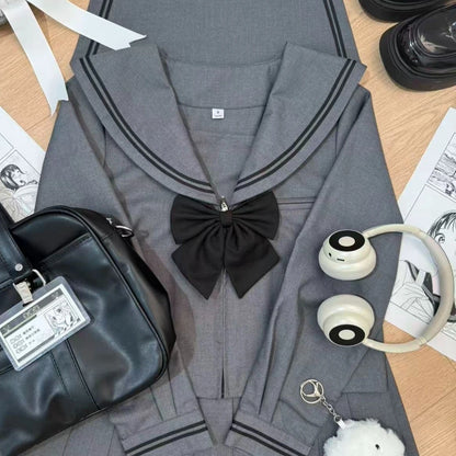Basic Grey Sailor Suit Set, School Uniform, Preppy Style, Short-sleeved, Long-sleeved, and Short-skirted.