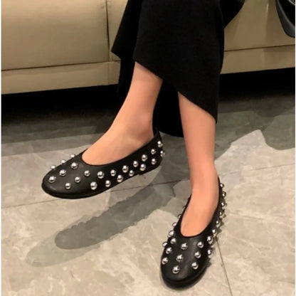 New Rivet Round Head Flat Shoes Luxury Black Leather Sandal Ballet Sandals Silver Ball Metal Hollow Mary Jane Shoes 35-42