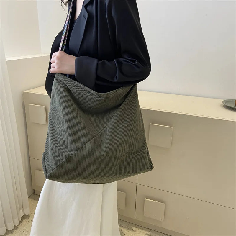 Women Luxury Corduroy Shoulder Bag Large Handbag Big Casual Tote Canvas Lining Solid Cloth Purse Zipper Crossbody Messenger Bags