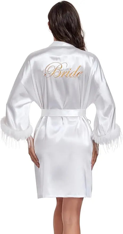Vestidos De Novia Satin Kimono Women Short Robe Feather Sleeve Bride Wedding Dress Sexy Lingerie Pijama Mujer Bridesmids Gown