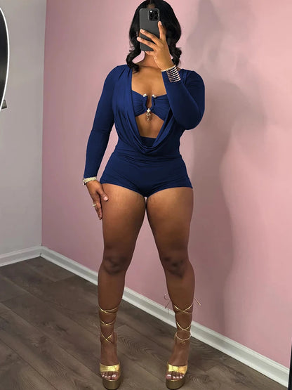 Sisterlinda Swinging Neck Playsuits Women Solid Metal Splice Cleavage Full Sleeve Stretch Sexy Slim Romers Chic Trend Clubwear