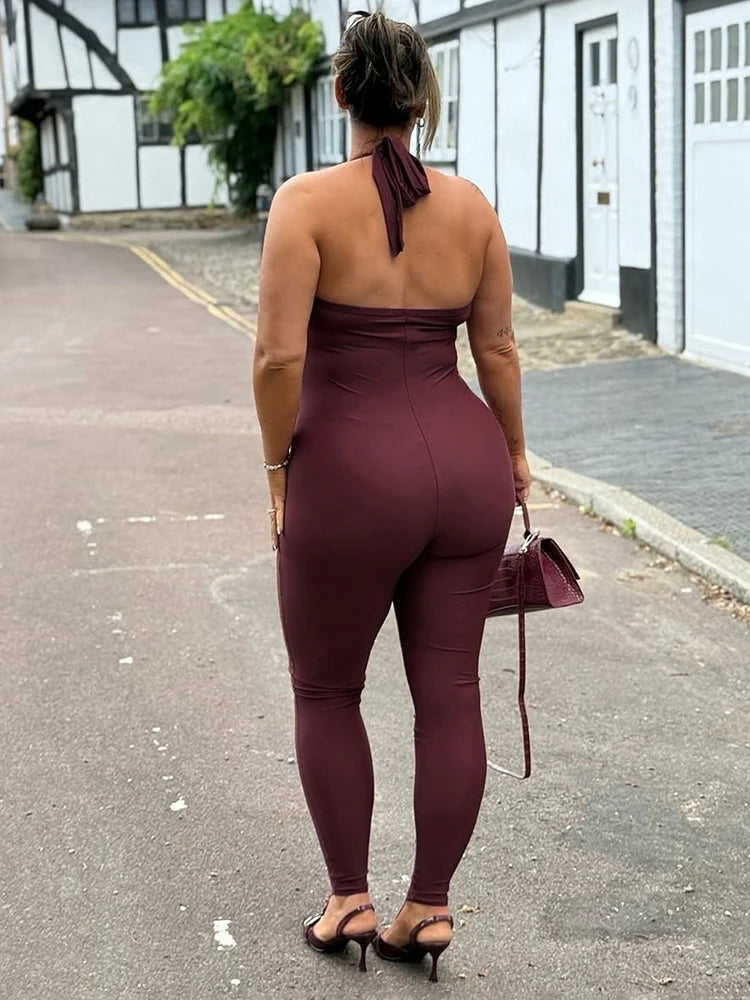 Weird Puss Hipster Backless Jumpsuit Women Halter Lace-Up Low Chest Sexy Solid Midnight Activity Stretch Slim Streetwear Overall