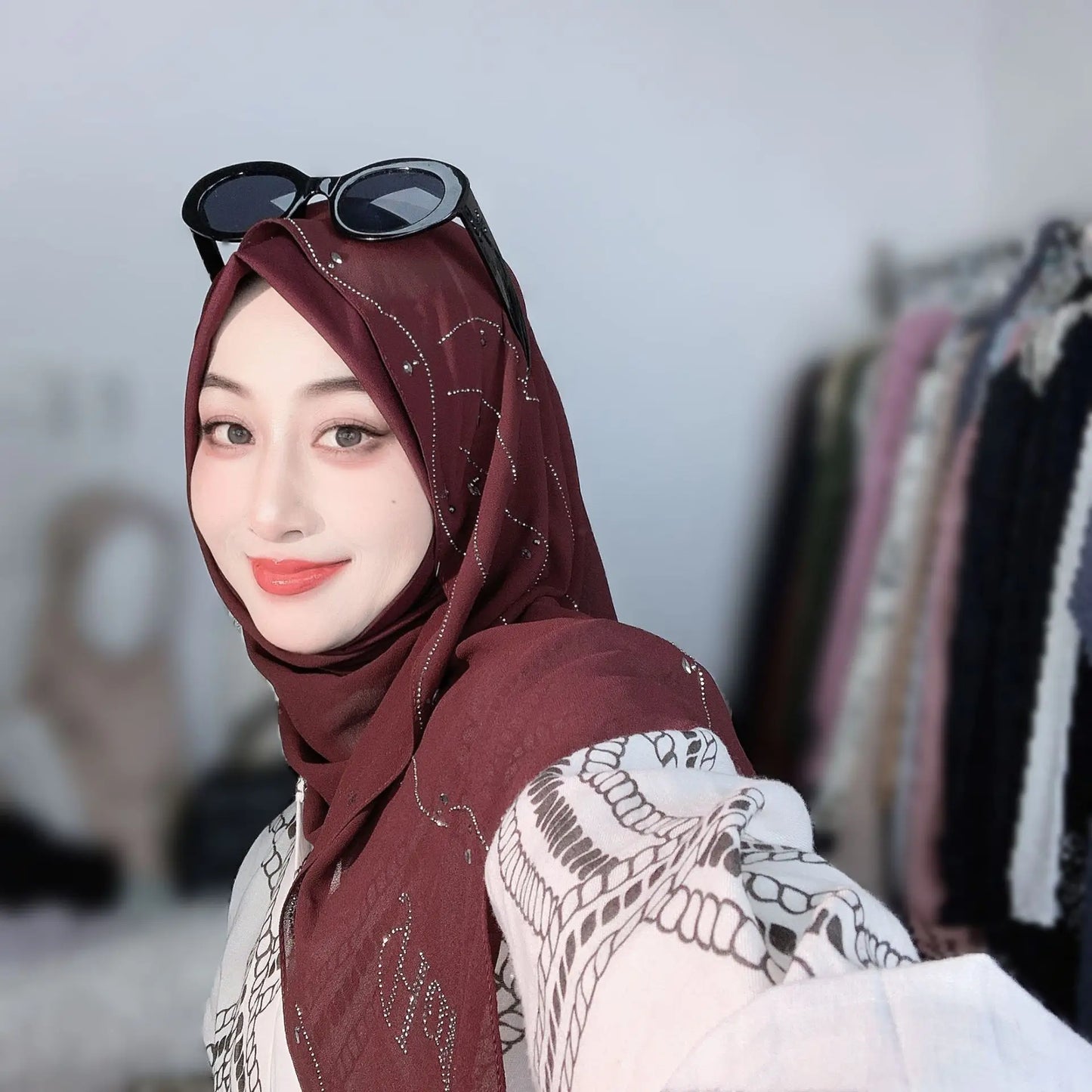 Malay Solid Chiffon Turban Head Scarf for Women, Irregular Rhinestone Hotfix Wrapped L-Edge Pull-On Scarf,Soft Muslim Hijab Wrap