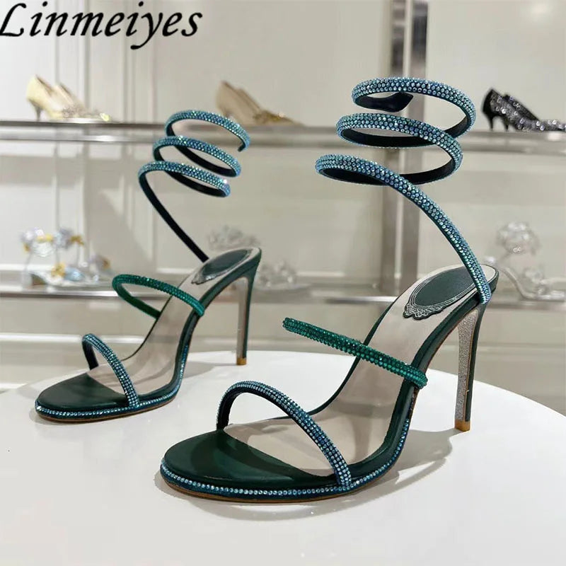 Summer Crystal Gladiator Sandals Women Rhinestone Twine Around Ankle Snake Wedding Shoes High Heels Sandals Woman